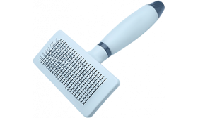 Brosse carde auto-nettoyante bleu clair pour chat, ergonomique avec bouton de nettoyage et picots fins pour un toilettage sûr