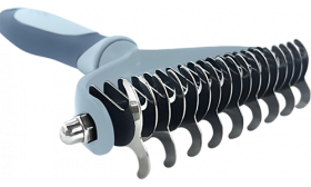 Grijze kattenontklittingshark met gebogen roestvrijstalen bladen, veilig voor ontklitten en vachtzorg.