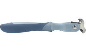 Zijaanzicht van grijze kattenontklittingshark met slanke ergonomische handgreep en roestvrijstalen bladen.