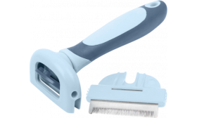 Kattenontklittingskam in grijs-blauw met ergonomisch handvat, roestvrijstalen blad en afneembare kop.