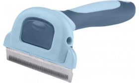 Grijs-blauwe kattenontklittingskam met ergonomisch handvat en roestvrijstalen blad, ontworpen voor veilige verzorging.