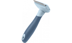 Kattenontklittingskam in grijs-blauw met roestvrijstalen blad, ergonomische grip en eenvoudig schoon ontwerp.