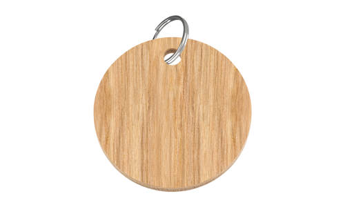 Médaille chat ronde en bois avec finition lisse non toxique, anneau argenté et personnalisable avec nom et détails du chat.