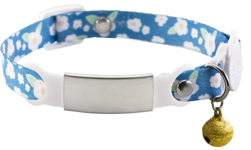 Collier pour chat avec fermoir de sécurité bleu réglable, clochette dorée, boucle blanche, plaque argentée à graver nom.