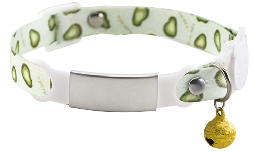 Collier pour chat avec fermoir de sécurité vert réglable, clochette dorée, boucle blanche, plaque argentée à graver nom.
