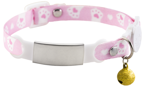 Collier pour chat avec fermoir de sécurité rose réglable, clochette dorée, boucle blanche, plaque argentée à graver nom.