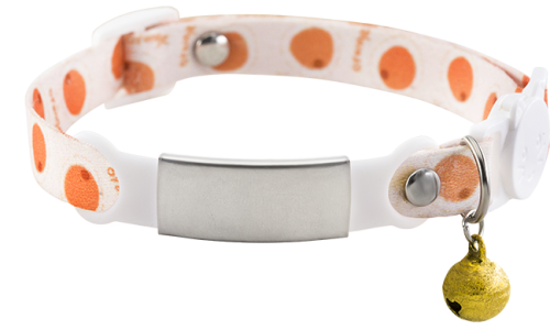 Collier pour chat avec fermoir de sécurité orange réglable, clochette dorée, boucle blanche, plaque argentée à graver nom.