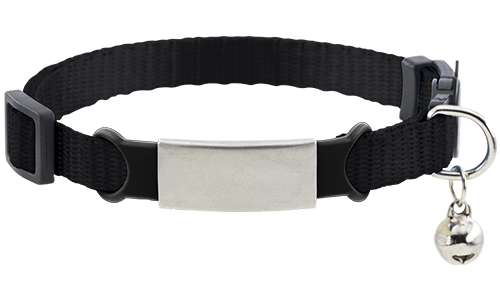 Collier pour chat noir, gravé. Boucle anti-étranglement, anneau en D argenté, grelot. Personnalisable avec le nom.