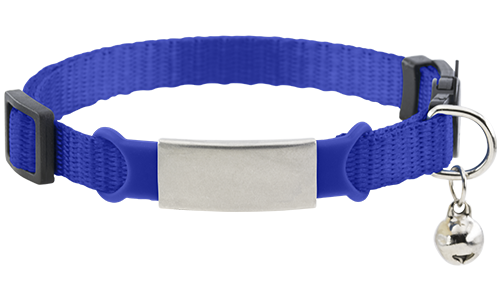 Collier pour chat bleu, gravé. Boucle anti-étranglement, anneau en D argenté, grelot. Personnalisable avec le nom.