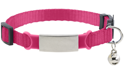 Collier pour chat rose, gravé. Boucle anti-étranglement, anneau en D argenté, grelot. Personnalisable avec le nom.