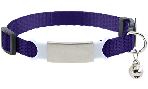 Collier pour chat violet, gravé. Boucle anti-étranglement, anneau en D argenté, grelot. Personnalisable avec le nom.