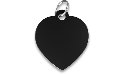 Médaille chat noire en forme de cœur, en aluminium avec anneau fendu. Personnalisée et gravable avec le nom de votre chat.