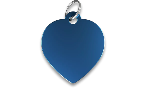 Médaille chat bleue en forme de cœur, en aluminium avec anneau fendu. Personnalisée et gravable avec le nom de votre chat.