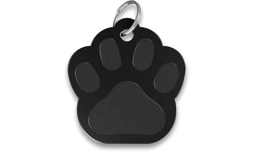 Médaille chat noire en forme de patte, en aluminium avec anneau brisé. Personnalisable et gravable avec son nom.