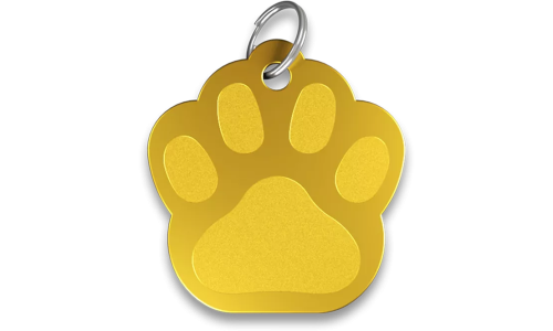Médaille chat dorée en forme de patte, en aluminium avec anneau brisé. Personnalisable et gravable avec son nom.