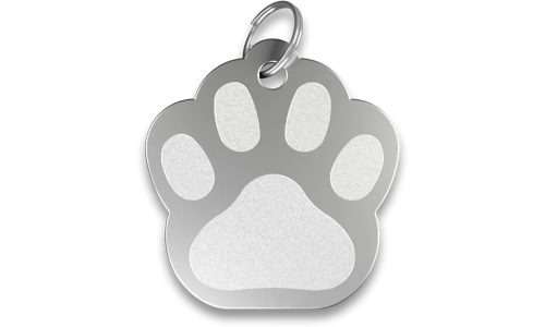 Médaille chat argentée en forme de patte, en aluminium avec anneau brisé. Personnalisable et gravable avec son nom.