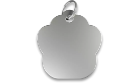 Médaille chat argentée en forme de patte, en aluminium avec anneau brisé. Dos lisse pour graver et personnaliser son nom.