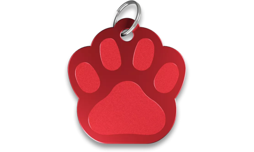 Médaille chat rouge en forme de patte, en aluminium avec anneau brisé. Personnalisable et gravable avec son nom.