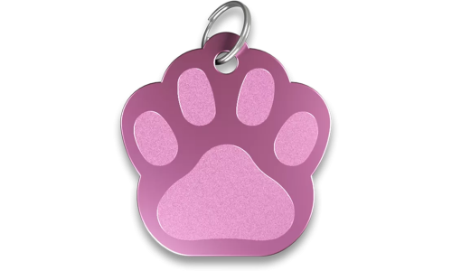 Médaille chat rose en forme de patte, en aluminium avec anneau brisé. Personnalisable et gravable avec son nom.