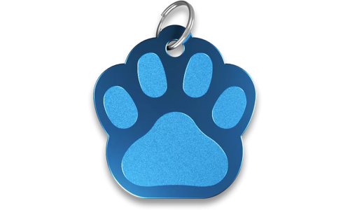 Médaille chat bleue en forme de patte, en aluminium avec anneau brisé. Personnalisable et gravable avec son nom.