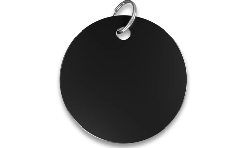 Médaille chat ronde noire en aluminium avec anneau fendu. Personnalisable et gravable avec le nom de votre chat.