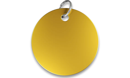 Médaille chat ronde dorée en aluminium avec anneau fendu. Personnalisable et gravable avec le nom de votre chat.