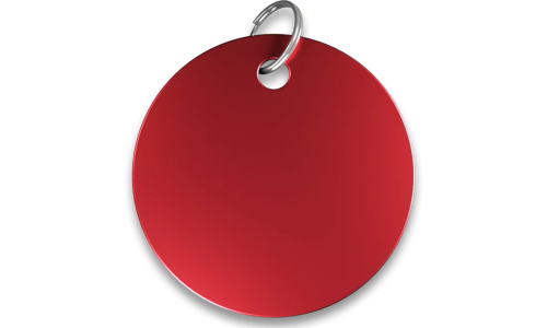 Médaille chat ronde rouge en aluminium avec anneau fendu. Personnalisable et gravable avec le nom de votre chat.