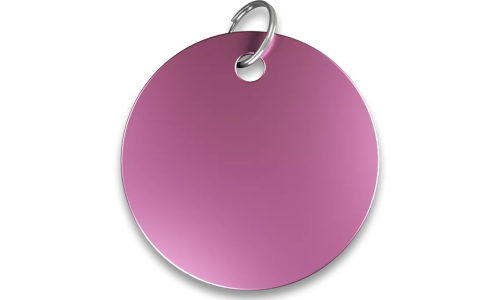 Médaille chat ronde rose en aluminium avec anneau fendu. Personnalisable et gravable avec le nom de votre chat.
