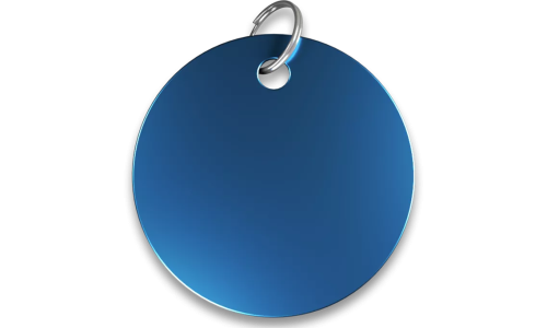 Médaille chat ronde bleue en aluminium avec anneau fendu. Personnalisable et gravable avec le nom de votre chat.