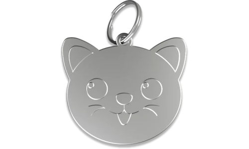Médaille chat argentée en aluminium en forme de chat avec anneau brisé, personnalisable et gravable avec le nom de votre félin.