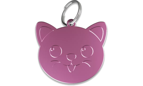 Médaille chat rose en aluminium en forme de chat avec anneau brisé, personnalisable et gravable avec le nom de votre félin.