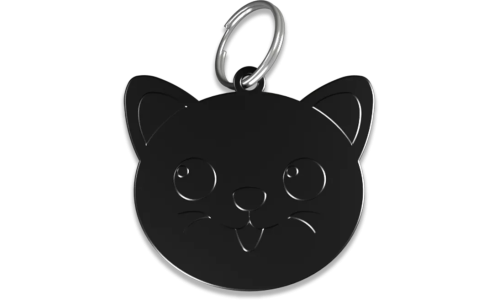 Médaille chat noire en aluminium en forme de chat avec anneau brisé, personnalisable et gravable avec le nom de votre félin.