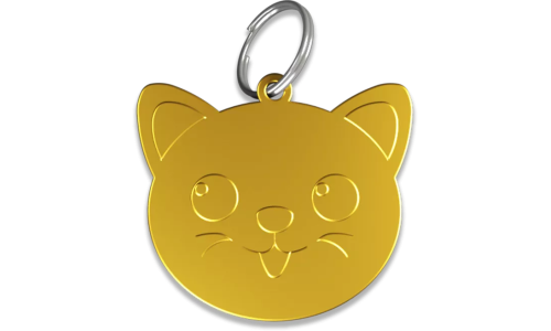 Médaille chat dorée en aluminium en forme de chat avec anneau brisé, personnalisable et gravable avec le nom de votre félin.