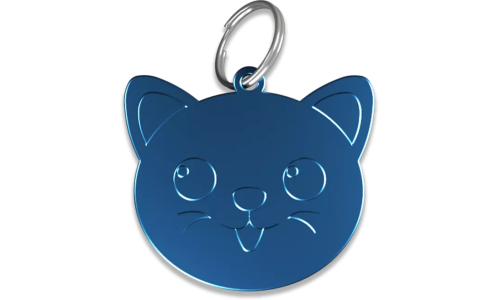 Médaille chat argentée forme chat en alu, avec anneau brisé. Dos lisse à personnaliser avec le nom du chat.