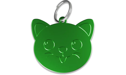 Médaille chat verte en aluminium en forme de chat avec anneau brisé, personnalisable et gravable avec le nom de votre félin