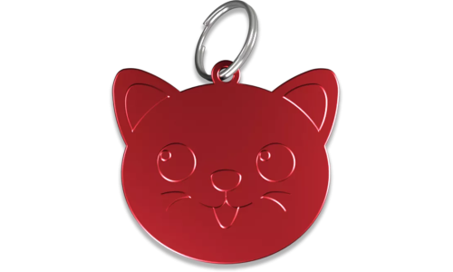 Médaille chat rouge en aluminium en forme de chat avec anneau brisé, personnalisable et gravable avec le nom de votre félin.
