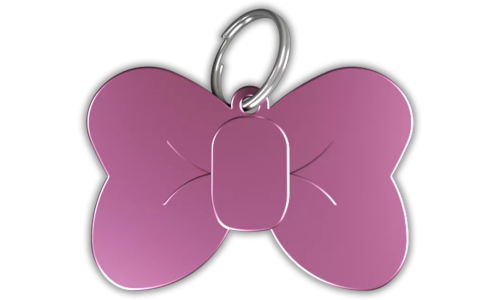 Médaille chat rose en forme de nœud papillon en aluminium avec anneau brisé, personnalisable et gravable au nom du chat.