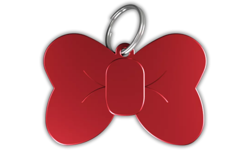 Médaille chat rouge en forme de nœud papillon en aluminium avec anneau brisé, personnalisable et gravable au nom du chat.