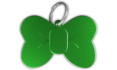 Médaille chat verte en forme de nœud papillon en aluminium avec anneau brisé, personnalisable et gravable au nom du chat