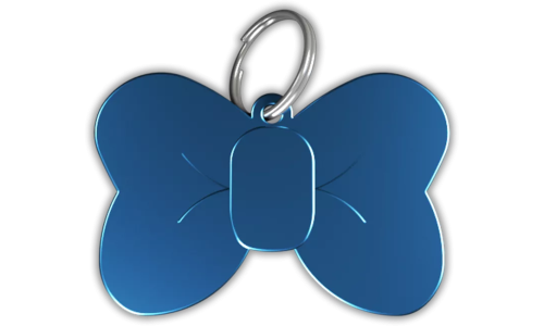 Médaille chat bleue en forme de nœud papillon en aluminium avec anneau brisé, personnalisable et gravable au nom du chat