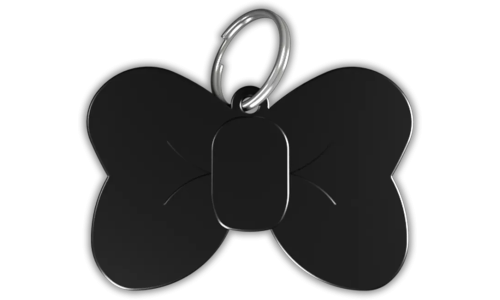 Médaille chat noire en forme de nœud papillon en aluminium avec anneau brisé, personnalisable et gravable au nom du chat