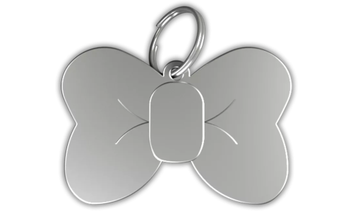 Médaille chat argentée en forme de nœud papillon en aluminium avec anneau brisé, personnalisable et gravable au nom du chat.