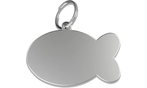 Médaille chat argentée en forme de poisson, en aluminium avec anneau brisé, personnalisable et gravable avec le nom du chat.