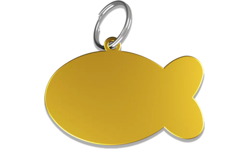 Médaille chat dorée en forme de poisson en aluminium avec anneau brisé, personnalisable et gravable au nom du chat.