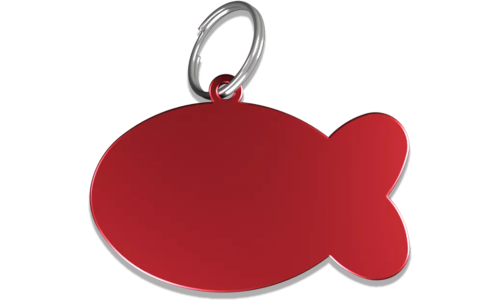 Médaille chat rouge en forme de poisson en aluminium avec anneau brisé, personnalisable et gravable au nom du chat.