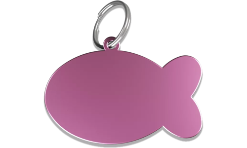 Médaille chat rose en forme de poisson en aluminium avec anneau brisé, personnalisable et gravable au nom du chat.