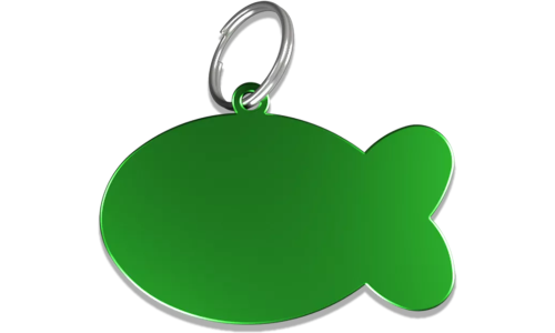 Médaille chat verte en forme de poisson en aluminium avec anneau brisé, personnalisable et gravable au nom du chat.