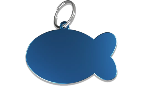 Médaille chat bleue en forme de poisson en aluminium avec anneau brisé, personnalisable et gravable au nom du chat.