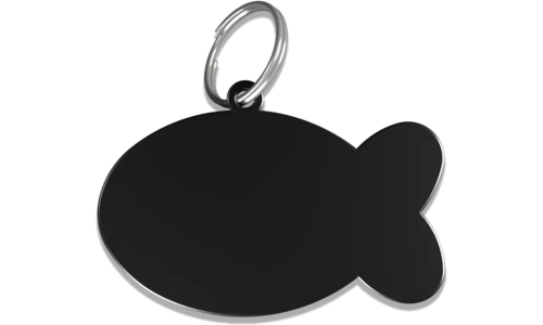Médaille chat noire en forme de poisson en aluminium avec anneau brisé, personnalisable et gravable au nom du chat.