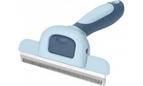 Katten­ontklittingskam met grijs-blauwe ergonomische handgreep en roestvrijstalen blad, geschikt naast kattenpenning.